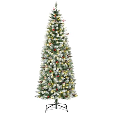 Snow-Flocked Artificial Christmas Tree with LED Lights, Pine Cones & Red Berries, 6ft, 7.5ft, 9ft