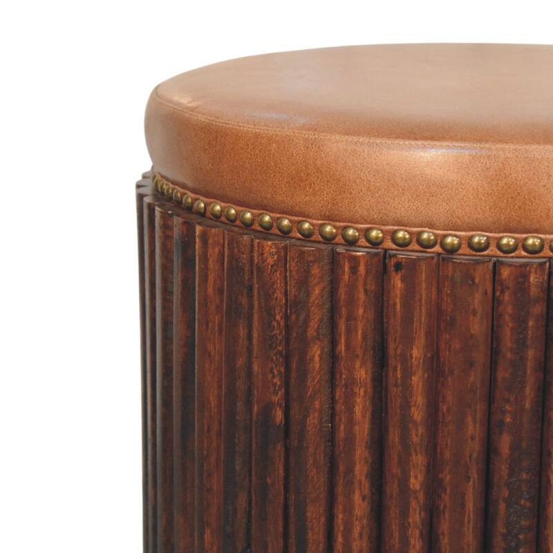 Artisan Furniture Solid Wood Ribbed Leather Accent Stool ,Brown