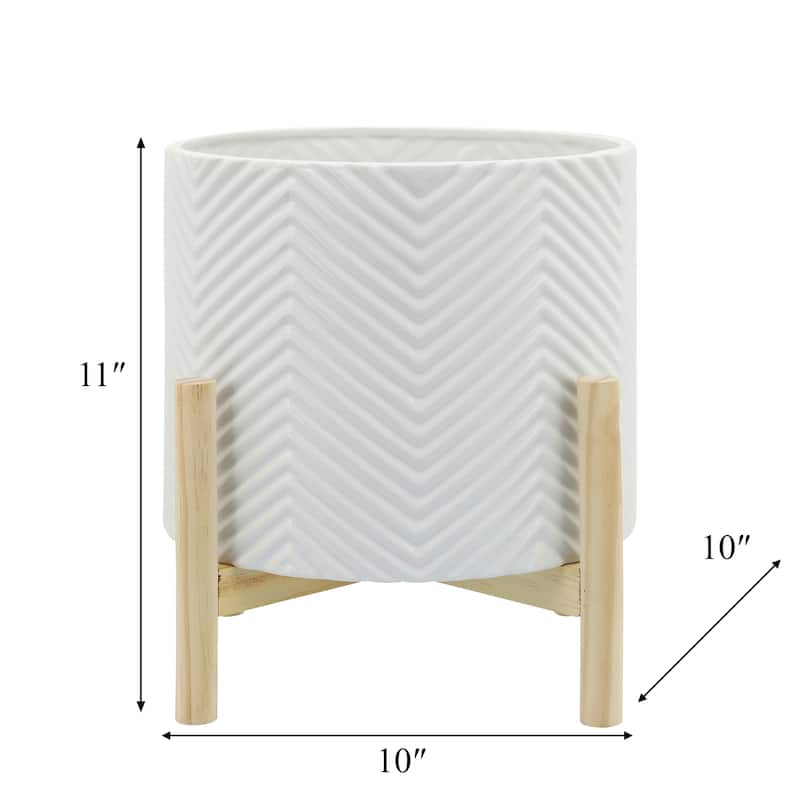 Ceramic Planter Trendy White Planter Elevated on Wooden Stand with Chevron Design For Indoor or Outdoor Plants