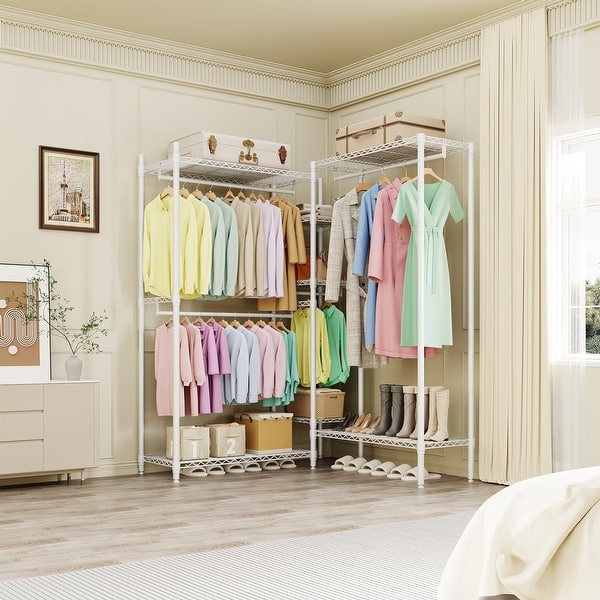 slide 2 of 8, Heavy Duty L-Shaped Clothes Rack, 1630 LBS Load Freestanding Garment Rack with Adjustable Shelves & Hanging Rods White