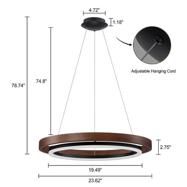 dimension image slide 0 of 2, Modern 24" Walnut LED Wood Chandelier Ring Chandelier for Living Room Foyer