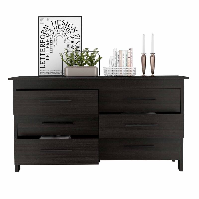 FM Furniture Luxor 6 Drawer Double Dresser with Roller Guides, Metal Pulls and 4 Legs
