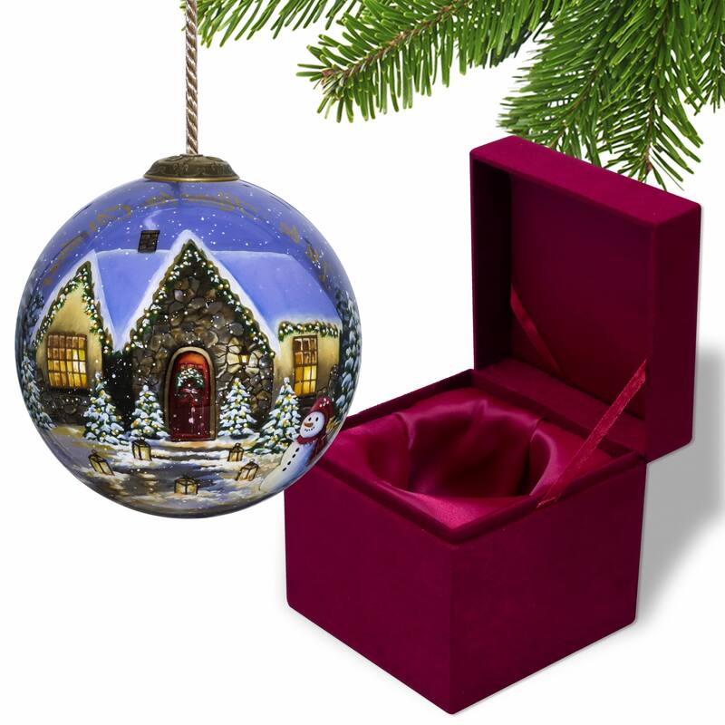 Home for Christmas Hand Painted Mouth Blown Glass Ornament - 4" x 4" x 4"