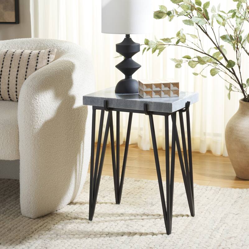 SAFAVIEH Home Rolf Marble Side Table - 18"W x 12"D x 23"H - Grey White/Black