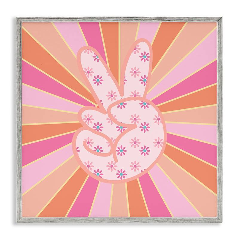Stupell Beaming Peace Sign Hand Framed Giclee Art Design By Jesse Keith - 17 x 17 - Grey