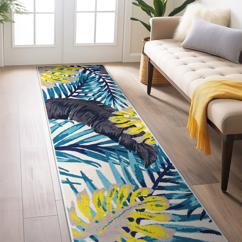 Contemporary Tropical Floral Leaves Non Slip Area Rug