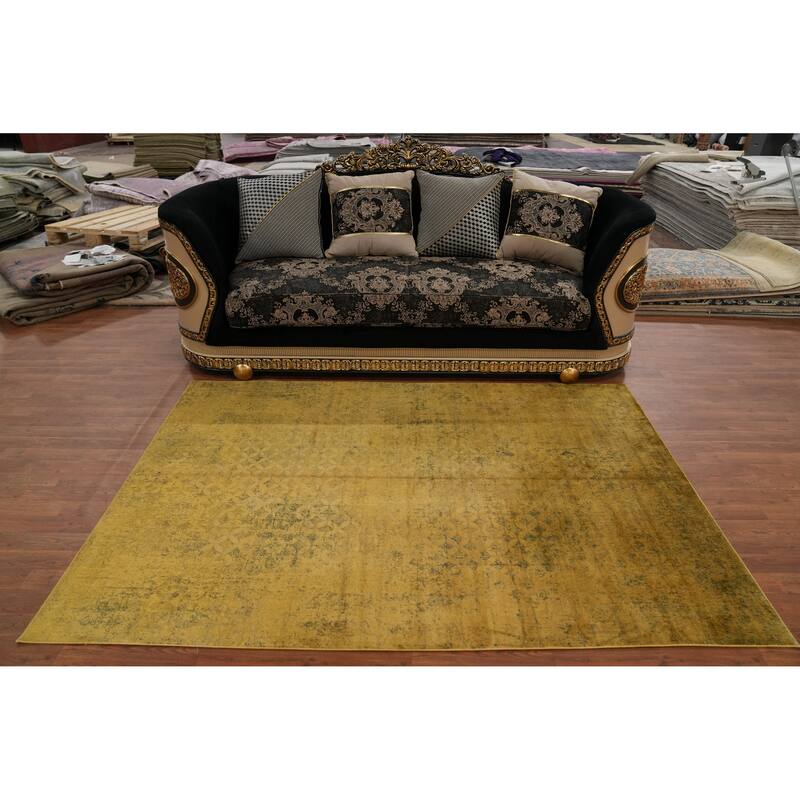 Machine Made Oriental Polyester Carpet Geometric Yellow & Gold Distressed Area Rug - 7' 5'' X 5' 2''
