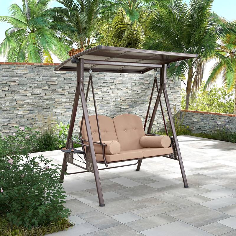 Outdoor 3-Seat Porch Swing with Adjustable Canopy & Cup Holder,Porch Swing Glider Chair, Heavy-Duty Steel Frame