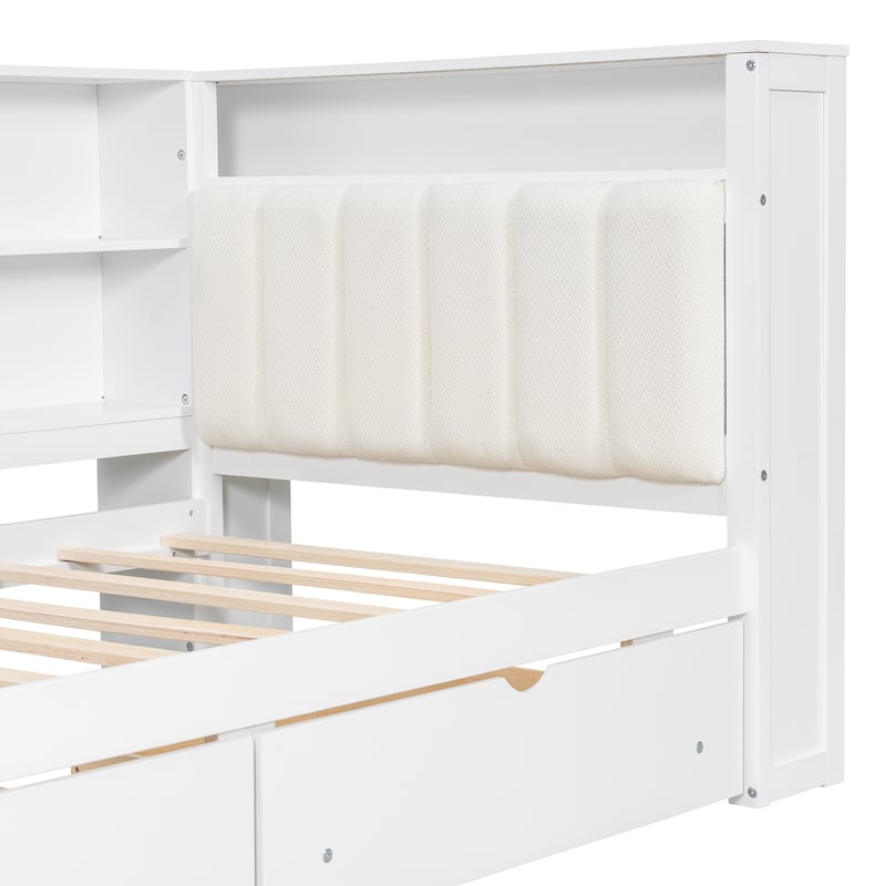 Wood Daybed Platform Bed Multifunctional Bed Frame with Charging Station and LED Light, Upholstered Headboard, Storage Shelves