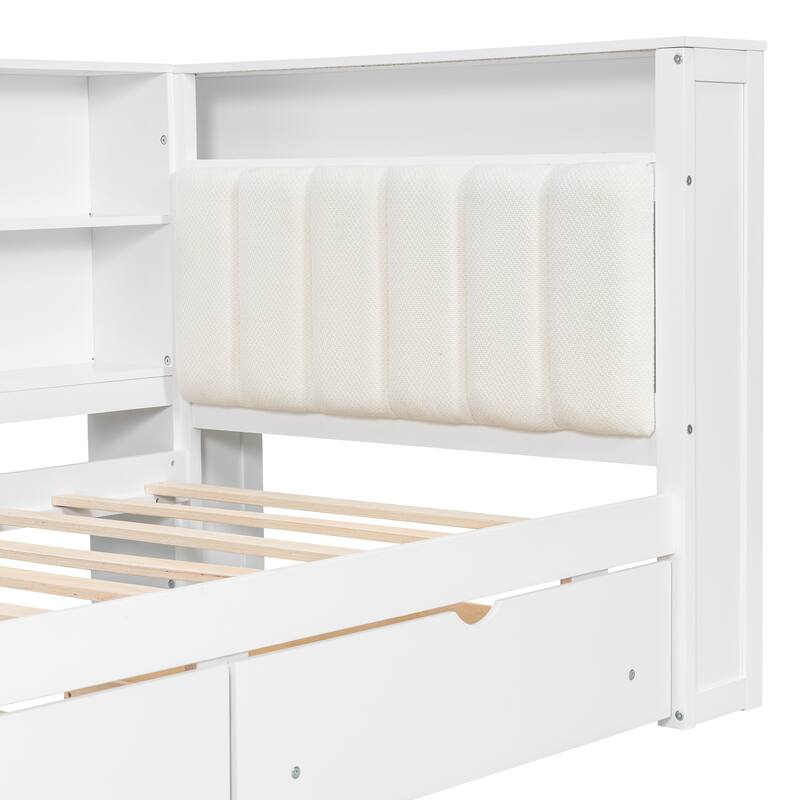 Twin / Full Wood Platform Bed with Storage Shelves Drawers LED Light Desk and Upholstered Headboard