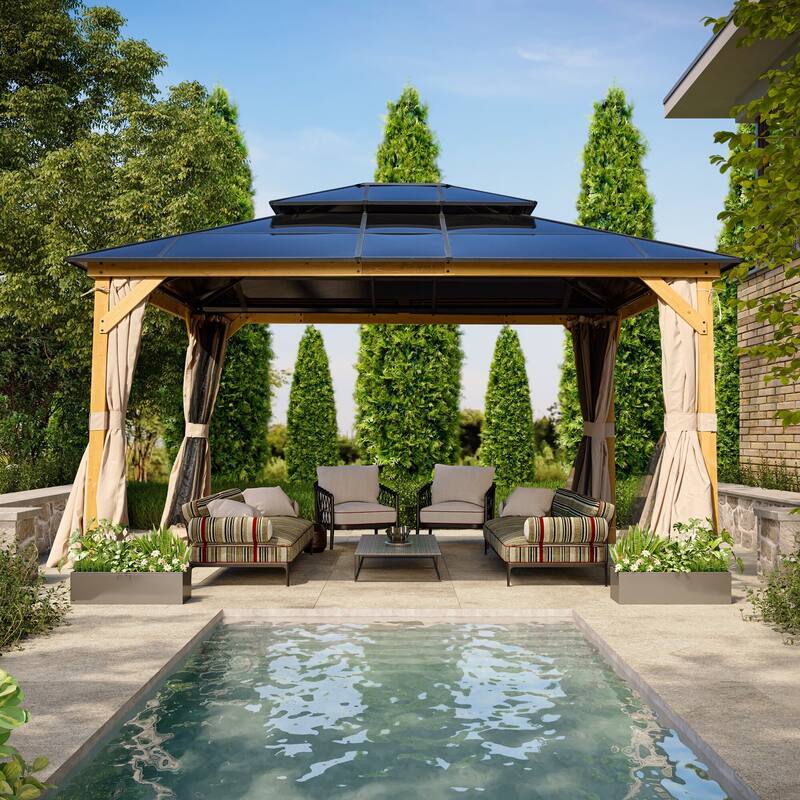 EROMMY Outdoor Wood Gazebo with Double Polycarbonate Roof, Heavy Duty Backyard Patio Pergola Canopy for Garden Shade