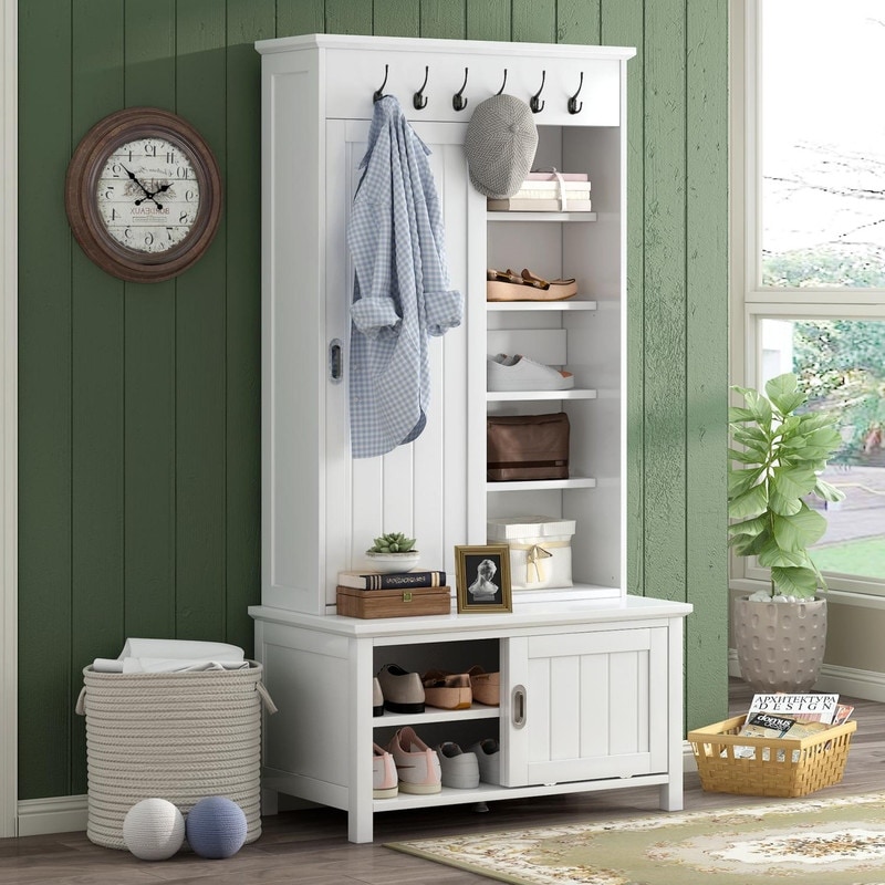 Multifunctional Hall Tree with Sliding Doors Storage Bench Hanging