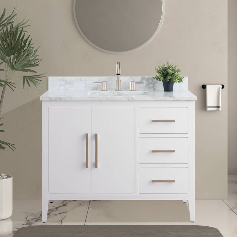 Vanity Art 42" Single Sink Bathroom Vanity Cabinet with Engineered Marble Countertop - 42"/Brushed Nickel Handle - White
