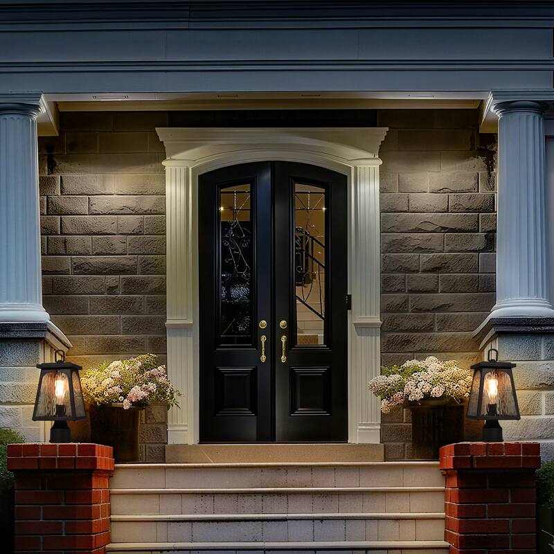 Modern Farmhouse 1-Light Outdoor Post Light Black Lantern with Water Ripple Clear Glass - W 6.7" x H 14.6"