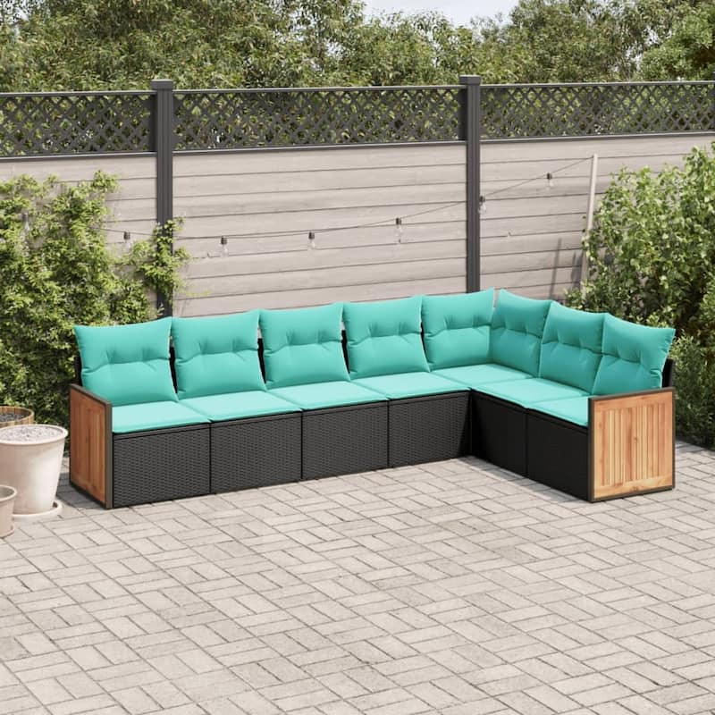 vidaXL 7 Piece Patio Sofa Set with Cushions Black Poly Rattan - 21.7x27.2x24.4-Without table