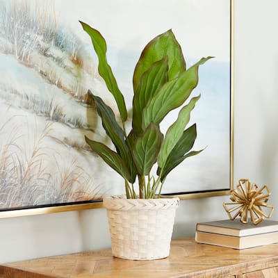 Green Faux Foliage Dieffenbachia Artificial Plant with Realistic Leaves and Rattan Pot - 24 x 17 x 13