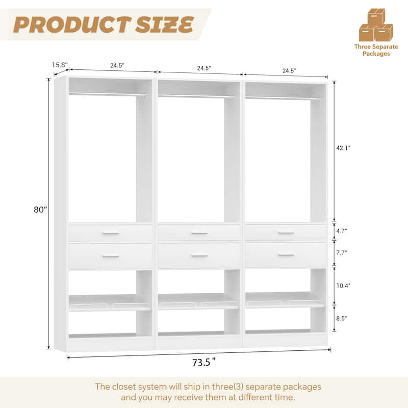 25'' W Freestanding Closet System with 2 Wooden Drawers and Adjustable Shoes Rack and Hanging Rod,Walk-in Closet Organizer