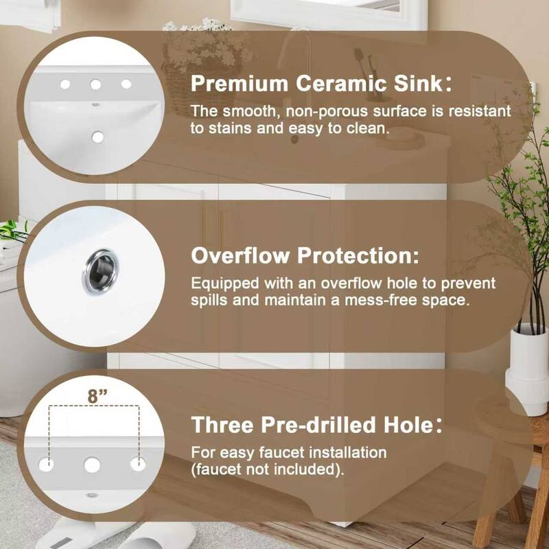 Bathroom Vanity with Ceramic Sink, Freestanding Storage Cabinet with Double Shelf, 1 Divider Drawer & 2 Soft-close Doors