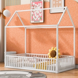 Twin Metal House Bed with Fence & Door for Kids Bedroom, Sturdy Bedframe w/Roof Design, Easy Assembly/No Box Spring Needed,White