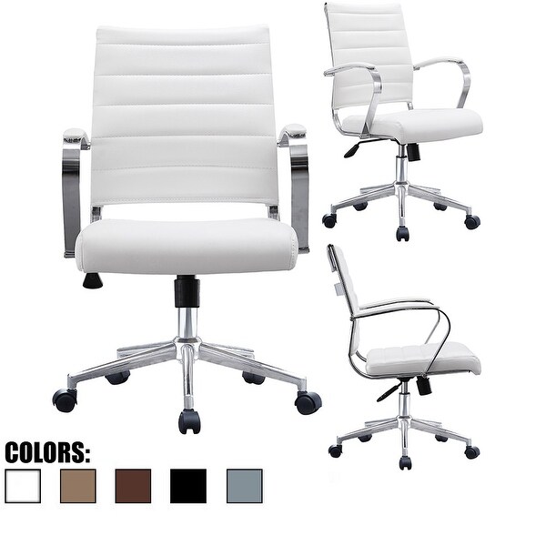 2xhome Office Chairs Mid Back Ribbed PU Leather Conference Room Tilt Work Desk Manager Task Executive Lumber Support Boss