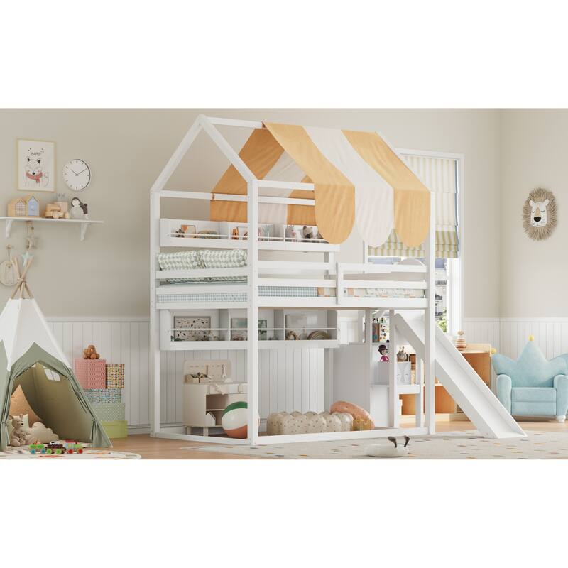 Roomfitters Full Size House Loft Bed with Canopy, Slide and Bookshelves