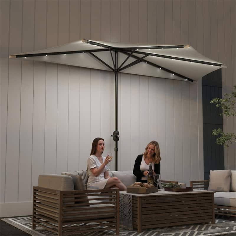 8.5’ Half Patio Umbrella with Solar Panel Lights and UPF 30+ Protection Hand Crank Air Vented Top - 8.5' L x 4.5' W x 7.6' H
