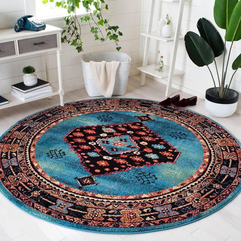 SAFAVIEH Vintage Hamadan Sandina Traditional Oriental Rug - 6'7" Round - Blue/Black