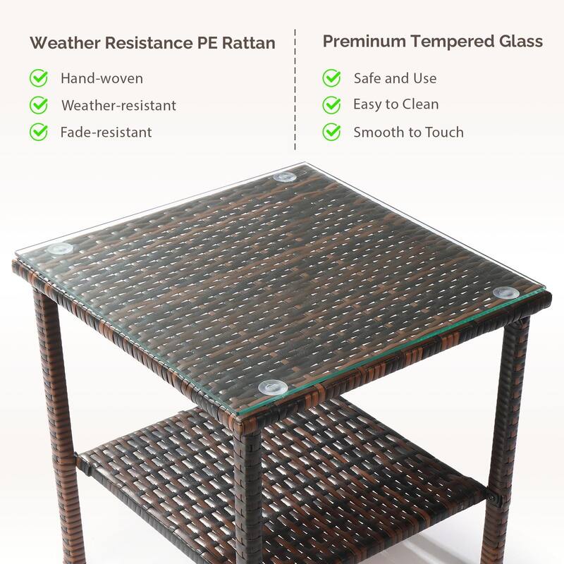 Square Outdoor Tea End Table Wicker Rattan Steel Frame with Tempered Glass Patio Balcony Garden - 17.52" L x 17.52" W x 18.5" H
