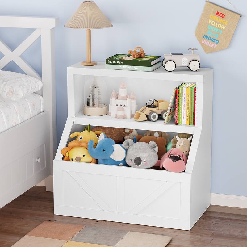 Kids Bookshelf, Wooden Toy Storage Organizer with Cubby - White