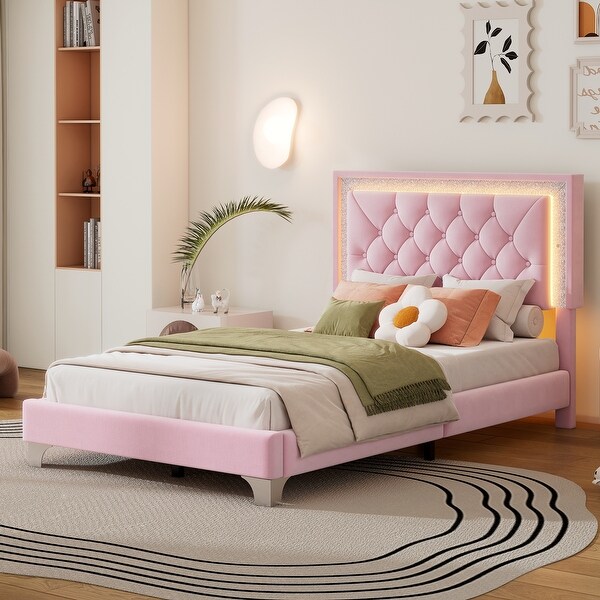 Twin Size Pink Tufted Velvet Platform Bed Frame with LED Lights Pink Bed Bath Beyond 41670659