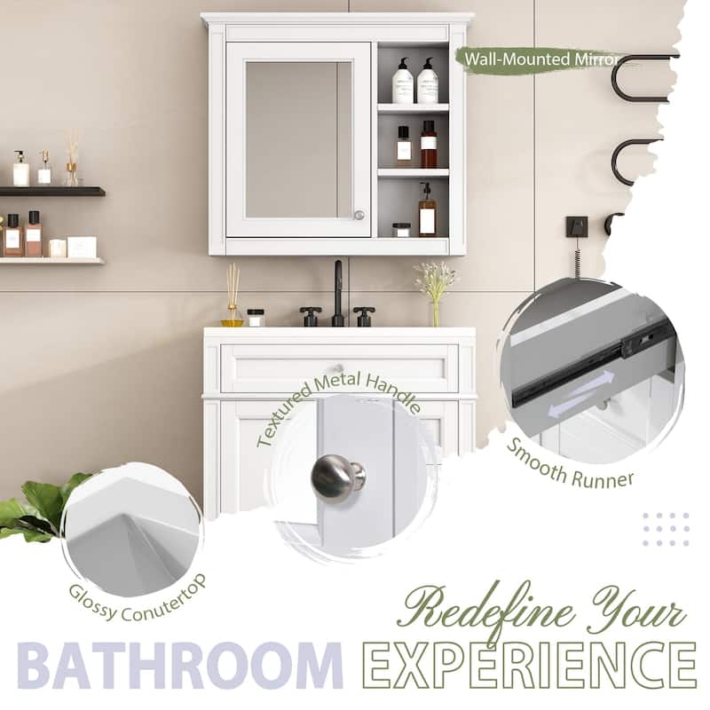 Plywood Freestanding Bathroom Vanity Set in Maple with Integrated Ceramic Sink with Mirror Cabinet - 30“ x 18"