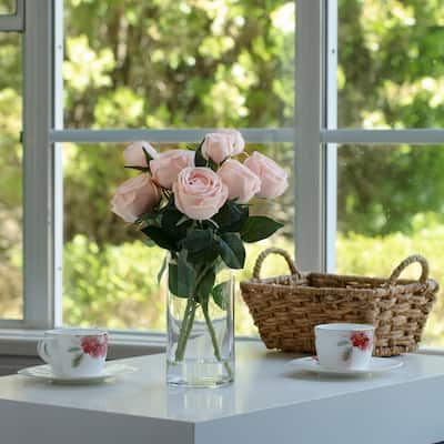 Enova Home Artificial Silk Rose Flowers in Clear Glass Vase with Faux Water for Home Office Wedding Decoration - N/A