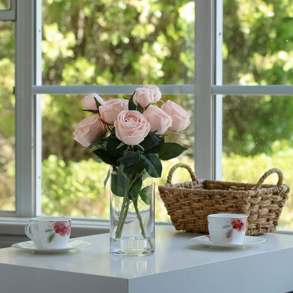 Enova Home Artificial Silk Rose Flowers in Clear Glass Vase with Faux Water for Home Office Wedding Decoration - N/A
