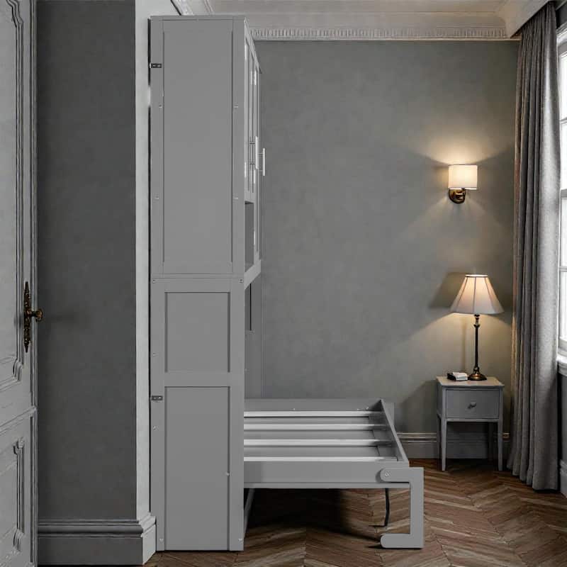 Twin Size Wall Murphy Bed with Top Cabinet, Shelves, Foldable Space-Saving Bed with Light & USB Charging Port