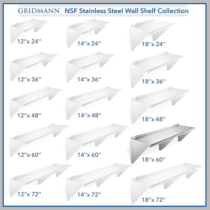 60 x 18in NSF Stainless Steel WallMount Shelf - 18" x 60"