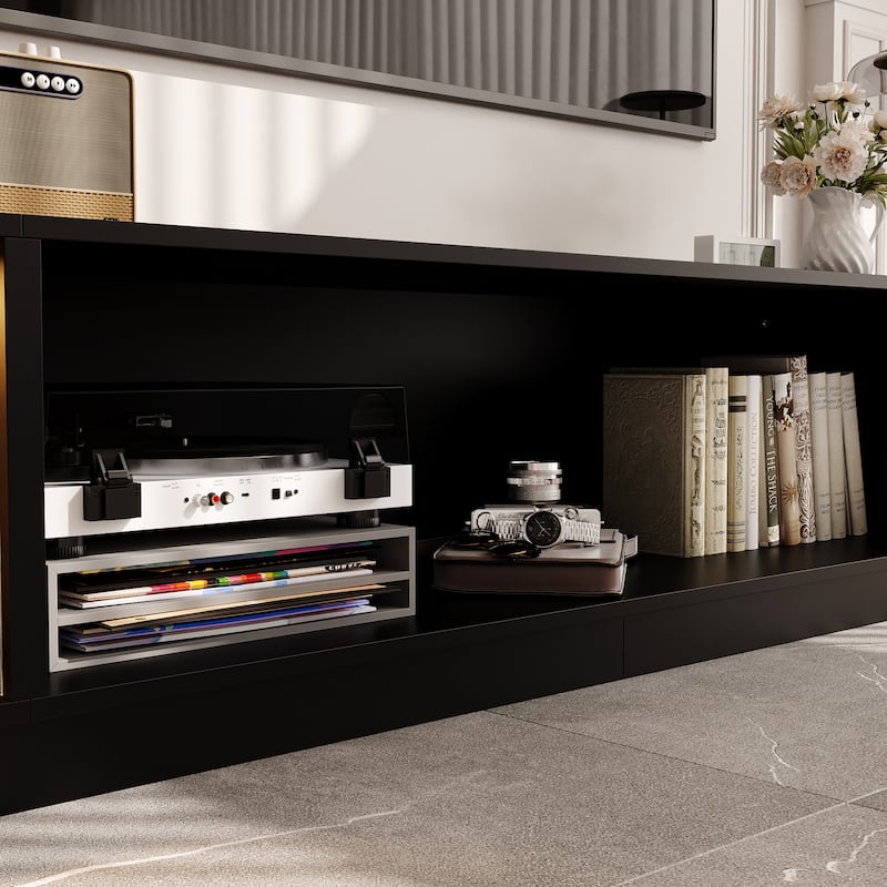 Modern Black Fireplace TV Stand Combo,Remote Fireplace Heater,2 Drawers,Light Strip & USB
