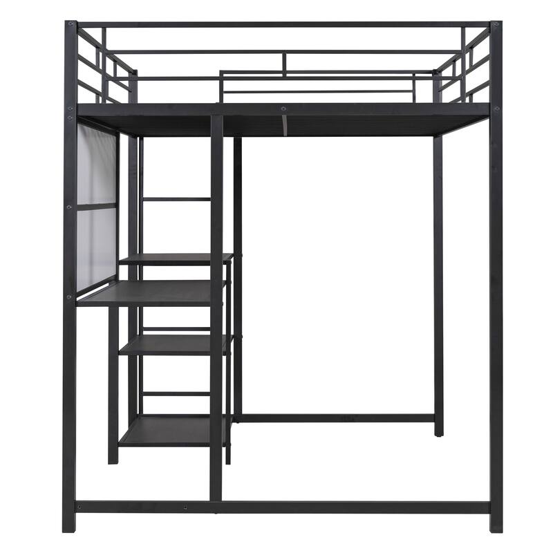 Modern Simple Full Size Loft Bed w/ Desk and Whiteboard, Metal Loft Bed with 3 Shelves and