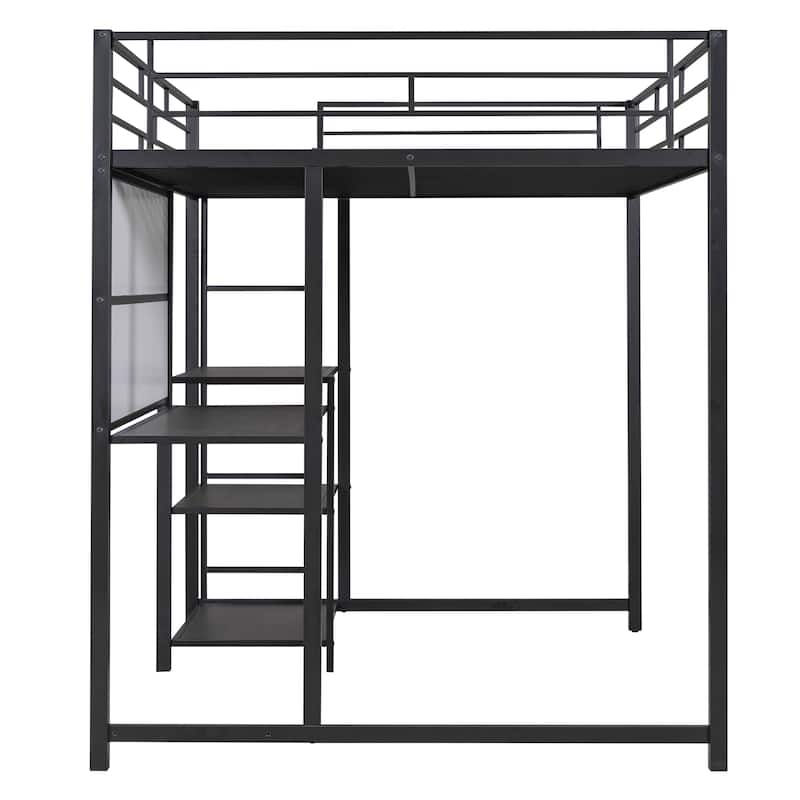 Twin Size Metal Loft Bed with Desk, Shelves, and Ladder