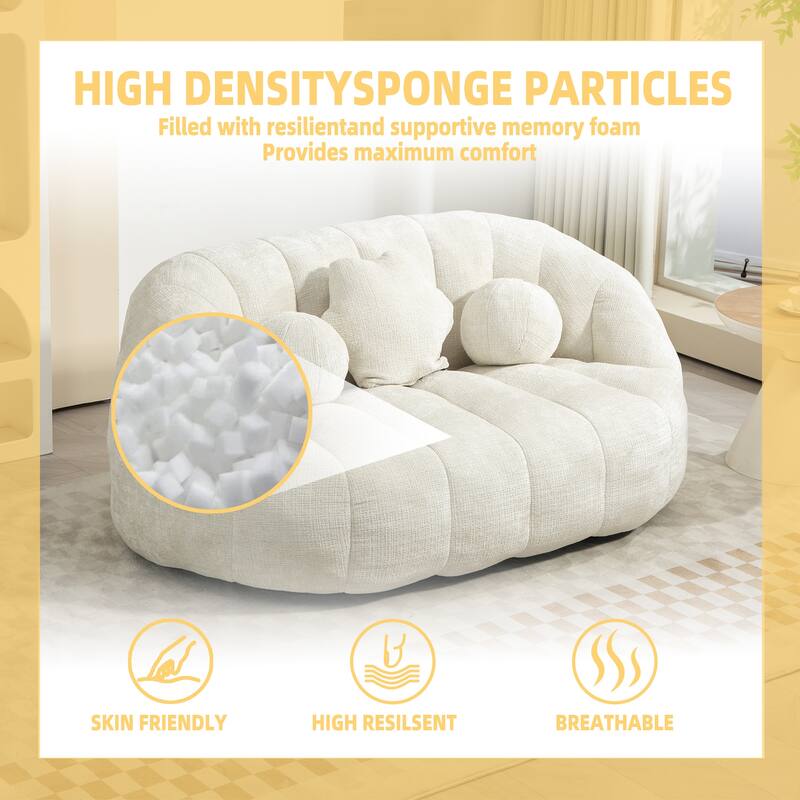 White Modern 63.78" Chenille Upholstered Lounge Chair with High Density Foam Filling and Pillows