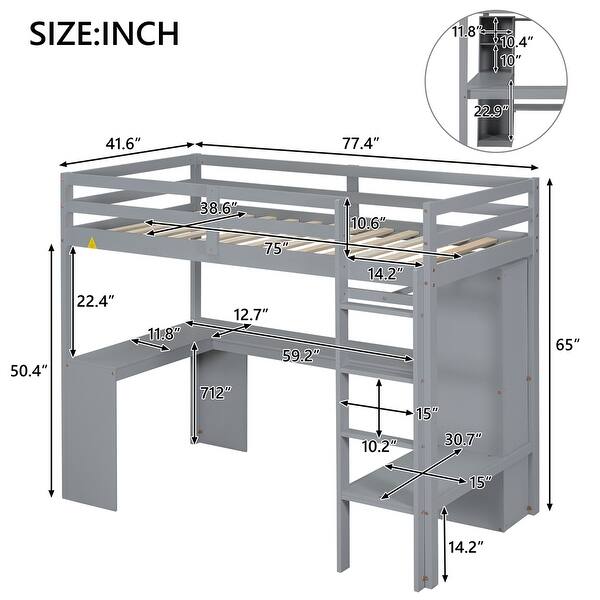 slide 2 of 15, Twin Size Loft Bed with L-shaped Desk,Wardrobe and Storage Shelves Grey
