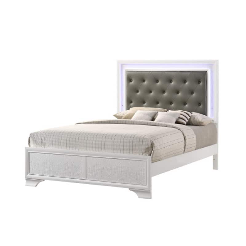 Glam Style queen bed White platform Solid Wood led bed