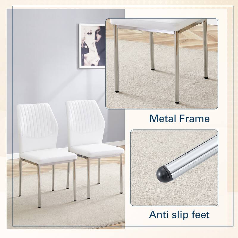 Set of 4 Vertical Stripe Design Dining Chair with Metal Leg Armless Chair Accent Chair Armless Chair for Dining Room - White+Silver