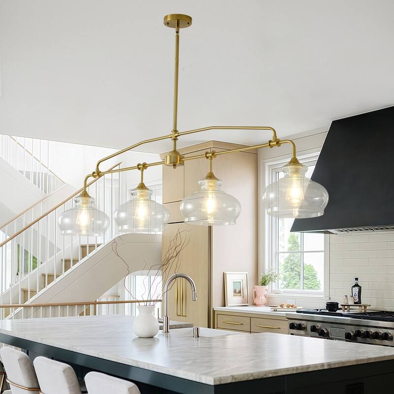 Modern 3/4/5 Light Gold Chandeliers Linear Glass Kitchen Island Lights - 59 In