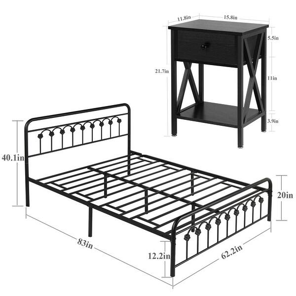 Modern 3pieces Bedroom Set with Black Bed Frame and Nightstands Set