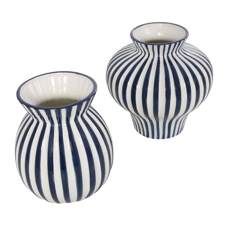 Ceramic Striped Rounded Vase with Varying Shapes - Set of 2 Blue - Roche River Decor - 8"W x 8"L x 8"H
