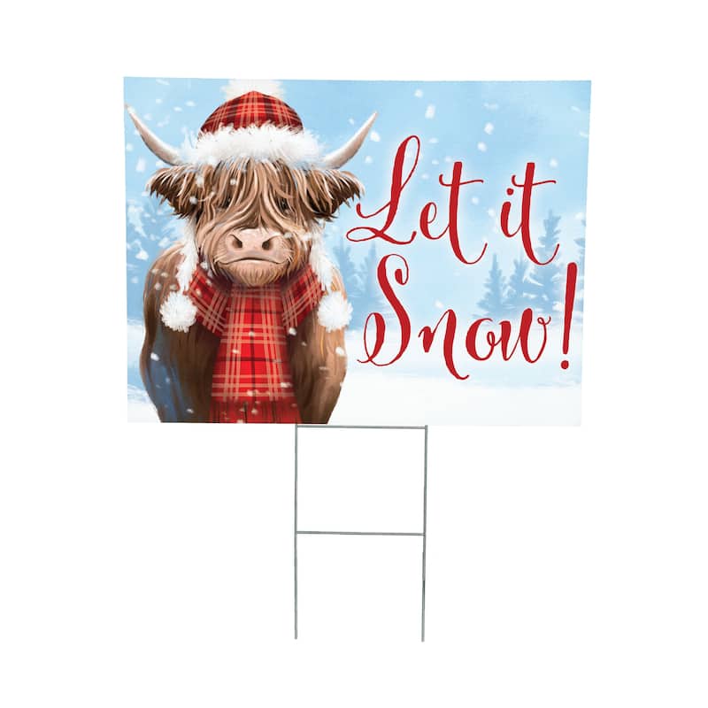 Holiday Highland Cow Yard Sign - "Let It Snow" - 24" x 18" - Multicolor