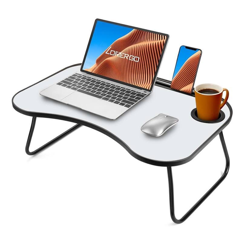 Wood and Metal Design Foldable Laptop Desk with Cup Groove - White+Black