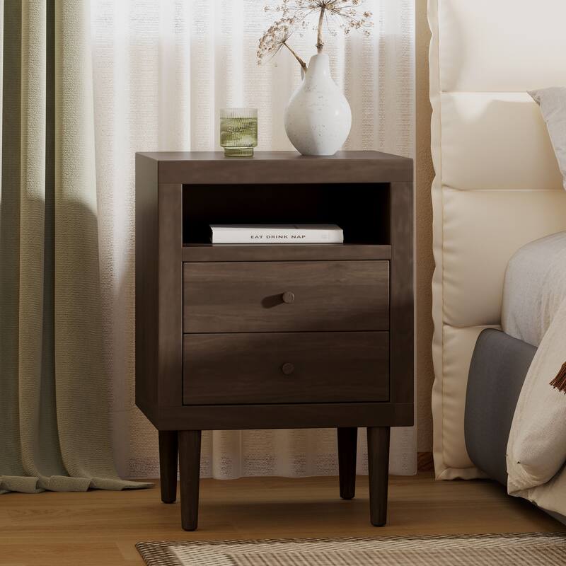 Mid-Century Nightstand with Splayed Legs and Dual Drawers