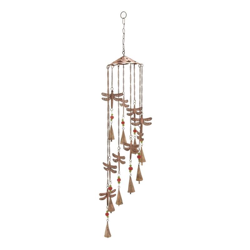 Metal Dragonfly Indoor Outdoor Windchime with Glass Beads and Cone Bells - Brass - Roche River Decor