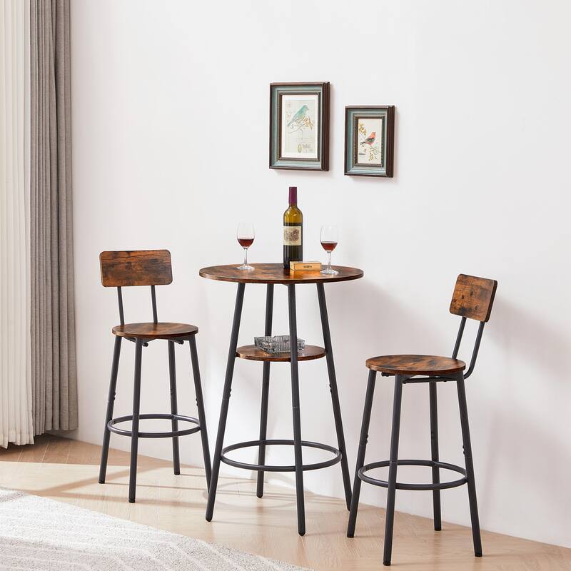 Round Bar Stool Set with Backrest and Shelf - Upholstered
